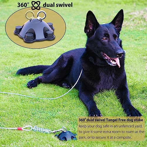PAWSTATION 360 Degree Swivel Dog Tie Out Stake and Cable Small to Large Dogs Up to 150lbs - 20 ft Dog Yard Leash and Stake 5 Strong Tether Holds 1000lbs of Pull Force Yard Camping Outdoor Black PK-20