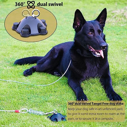 PAWSTATION 360 Degree Swivel Dog Tie Out Stake and Cable Small to Large Dogs Up to 150lbs - 20 ft Dog Yard Leash and Stake 5 Strong Tether Holds 1000lbs of Pull Force Yard Camping Outdoor Black PK-20