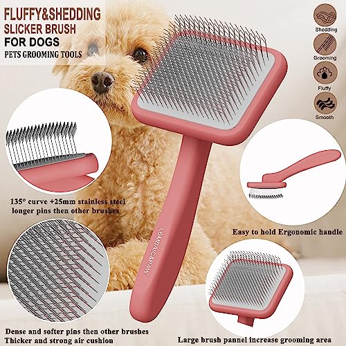 Dog Brushes for Poodle,Doodle,Goldendoodle,Labradoodle Coats Best Slicker Brush for Dogs Thick Long Curly Hair Shedding Detangles,Fluffy Grooming Fast Long Pin Slicker Brush Dematting.Wooden(Large) - color: Pink