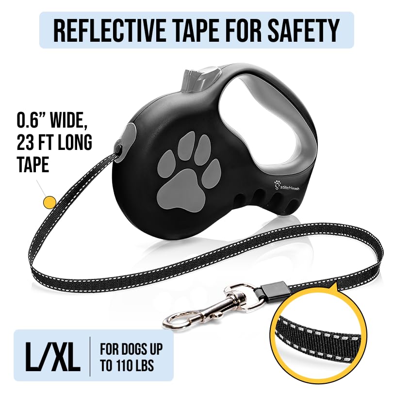 Retractable Dog Leash for Large & Extra Large Dogs (Up to 110lbs) - Customizable, Patented, Reflective Design, Ergonomic Handle, Includes Hooks & Poop Bag Holder & Dispenser - Black - color: Black, size: L/XL - Up to 110 Lbs