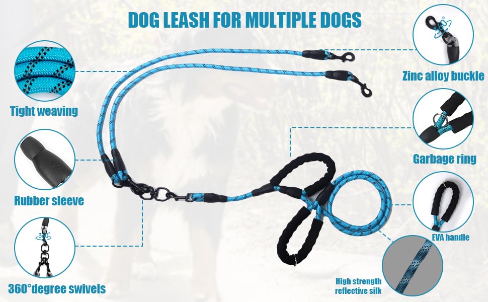 Dual Dog Leash, 360° Anti-Tangle, No Pull, Double Handle & Reflective Double Dog Leash – Perfect for Small/Medium Dogs - color: Blue, size: 3 Way
