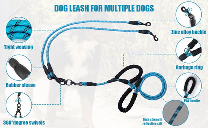 Dual Dog Leash, 360° Anti-Tangle, No Pull, Double Handle & Reflective Double Dog Leash – Perfect for Small/Medium Dogs - color: Blue, size: 3 Way