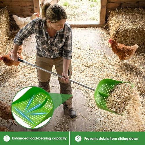 Thiswing Chicken Poop Scooper & Rake 2-in-1, Adjustable Handle Length from 38" to 66", Features Manure Sifting Capability – Ideal for Chicken Coops and Farm Animal Cleaning (Green)
