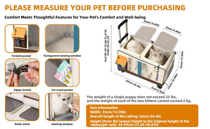Large Cat Carrier with Wheels for 2 Cat, Double Rolling Pets Carrier on Wheel, Folding Soft-Sided Carriers with Telescopic Handle, Shoulder Strap Removable Soft-Sided Bag for Car, Vet, Outing - color: Brown