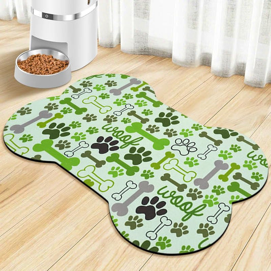 Dog Food Mats for Floors Waterproof, Pet Feeding Absorbent Water Bowl Mat Cat Placemats Green Bone Shape 19 * 12 inch - color: Green, size: S(19"×12")