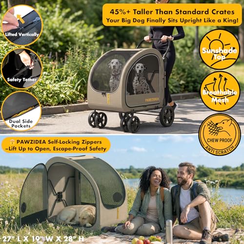 PAWZIDEA 3-in-1 Large Dog Stroller with Detachable Carrier up 100lbs, Foldable Dog Crate for Car Travel, All-Terrain Pet Stroller for 2 Medium Dogs, Jogger Wheels, Adjustable Handle, Stroage Organizer - color: Khaki Plaid