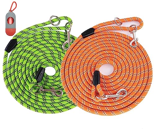 (2 Pack) Long Dog Leash for Dog Training 15FT/30FT/50FT, Dog Rope Leashes with Reflective Thread for Large Medium Small Dogs, Dog Tie-Out Cable Lead for Hunting, Camping&Backyard - color: 2Pack Orange&Green, size: 16FT* 3/8 inch