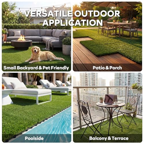 XLX TURF Interlocking Fake Grass Tiles 12 X 12 Inch, Self-draining Artificial Grass Squares for Patio, Balcony, U Shape Buckle System, 6 Pack - color: U Shape Lock Tile-green, size: 12"x12"/6 Piece