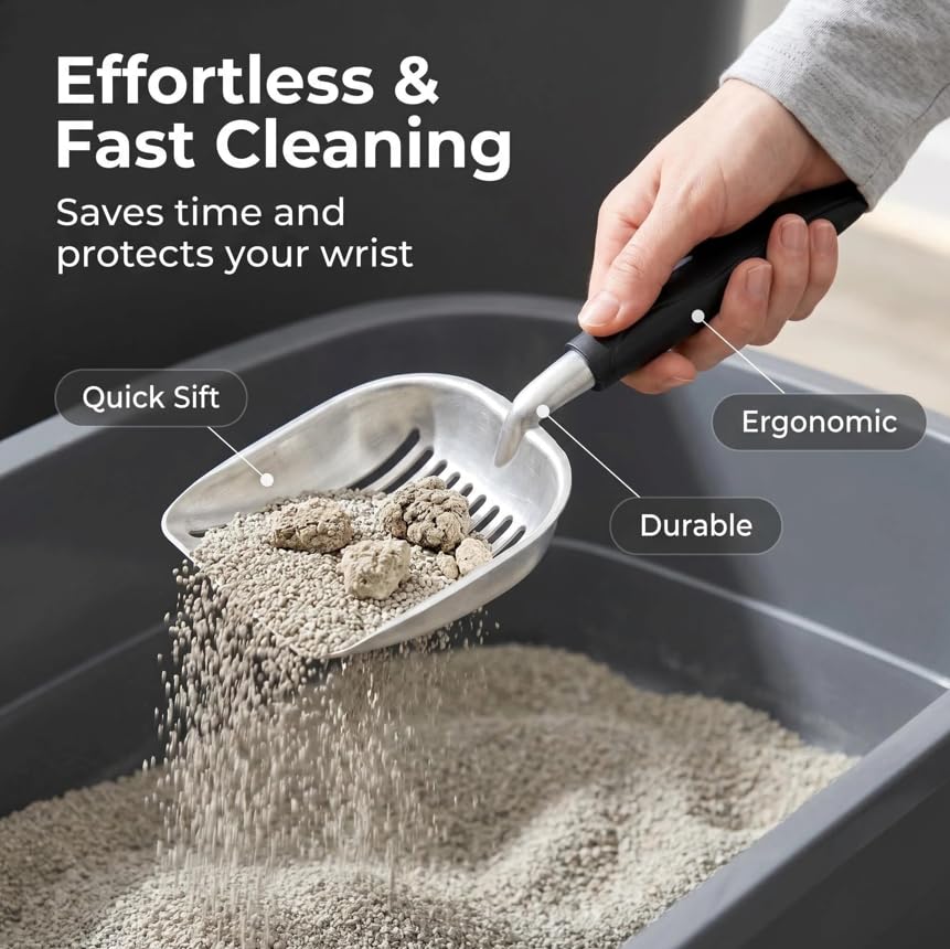 5-in-1 Heavy-Duty Full Metal Cat Litter Scoop with Holder, Cats Litter Scooper Includes Litter Bags, Handy Small Broom&Dustpan Set, Quick Sift, Easy to Clean | Cats Litter Scooper Includes Litter Bags, Handy Small Broom&Dustpan Set