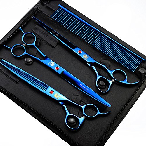 Purple Dragon 8 inch 3 in 1 Professional Pet Grooming Thinning Scissors - Upward Curved Shears and Dog Hair Cutting Scissor - Perfect for Pet Groomer or Family DIY Use (Blue) - color: Blue