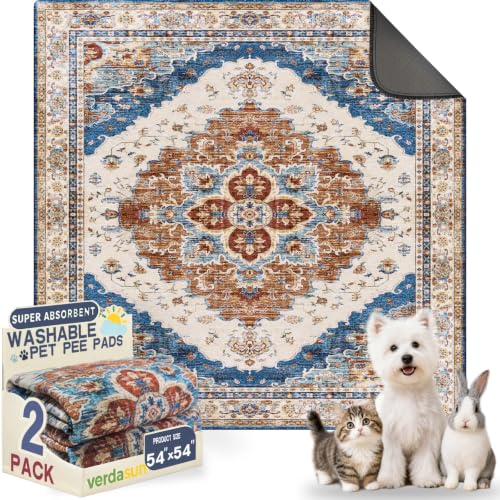 Washable Pee Pads for Dogs, Reusable Puppy Potty Training Pads, Ultra-Absorbent Thick Waterproof Leak-Proof Non-Slip Pads & Mat for Crate, Playpen, Floor, Whelping & Housebreaking , 2 Pack 54"x54" - color: Brick/Blue, size: 54" ×54"(pack of 2)