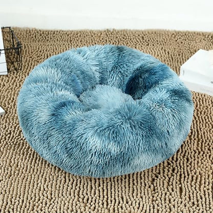Calming Dog Bed for Small Dogs, Calming Donut Cuddler Pet Bed Anti Anxiety Round Dog Bed Fluffy Plush Faux Fur Cat Bed,Navy Blue,19.7IN - color: Navy Blue, size: 19.7IN