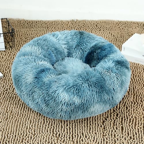 Calming Dog Bed for Small Dogs, Calming Donut Cuddler Pet Bed Anti Anxiety Round Dog Bed Fluffy Plush Faux Fur Cat Bed,Navy Blue,19.7IN - color: Navy Blue, size: 19.7IN