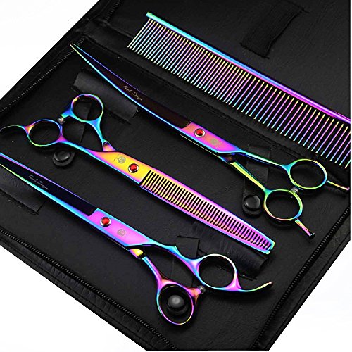 Purple Dragon 8 inch 3 in 1 Professional Pet Grooming Thinning Scissors - Upward Curved Shears and Dog Hair Cutting Scissor - Perfect for Pet Groomer or Family DIY Use (Rainbow) - color: Rainbow