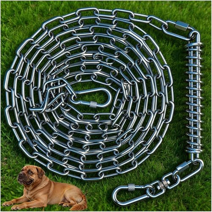 Heavy Duty Dog Tie Out Chain with Spring for Yard, 304 Stainless Steel 4MM Chew Proof Metal Leash for Large Dogs, 200lbs Shock Absorbing Dog Runner Cable (1 Spring+Chain/25ft) - size: 1 Spring+Chain/25ft/4MM/200lbs