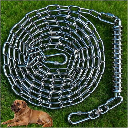 Heavy Duty Dog Tie Out Chain with Spring for Yard, 304 Stainless Steel 4MM Chew Proof Metal Leash for Large Dogs, 200lbs Shock Absorbing Dog Runner Cable (1 Spring+Chain/25ft) - size: 1 Spring+Chain/25ft/4MM/200lbs