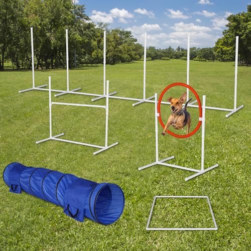Dog Agility Training Equipment Set - 6 Pack Obstacle Course Kit with Tunnel, Hurdle, Weave Poles, Jump Ring, and Storage Bag for Outdoor Pet Games