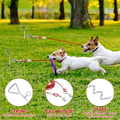 Amylove 2 Set Dog Tie Out Cable and Stake 32ft Leash Chain 16" Spiral Stake Heavy Duty Leash and Stakes for Outside Yard Camping Beach for Medium to Large Dogs up to 125 Lbs(Red) - color: Red