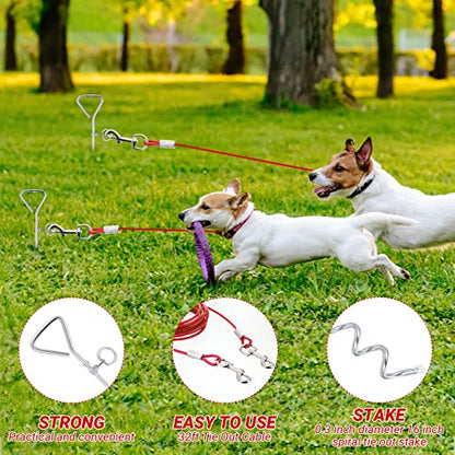 Amylove 2 Set Dog Tie Out Cable and Stake 32ft Leash Chain 16" Spiral Stake Heavy Duty Leash and Stakes for Outside Yard Camping Beach for Medium to Large Dogs up to 125 Lbs(Red) - color: Red