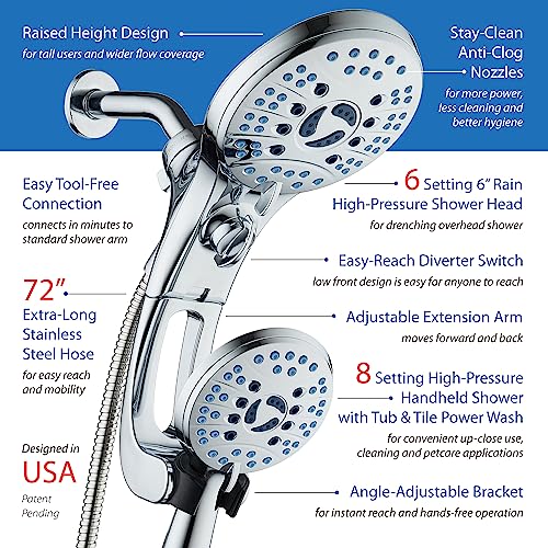 Hotel Spa AquaCare As-Seen-On-TV High Pressure Handheld/Rain 50-mode 3-way Shower Head Combo with Adjustable Arm - Anti-clog Nozzles, Tub & Pet Power Wash, 6 ft. Hose, All Chrome Finish - color: All-Chrome, style: 2.5 Gallons Per Minute