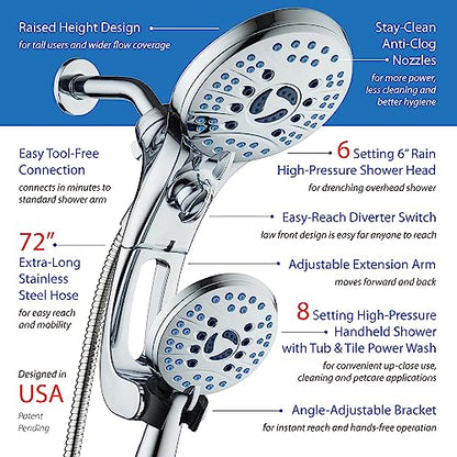 Hotel Spa AquaCare As-Seen-On-TV High Pressure Handheld/Rain 50-mode 3-way Shower Head Combo with Adjustable Arm - Anti-clog Nozzles, Tub & Pet Power Wash, 6 ft. Hose, All Chrome Finish - color: All-Chrome, style: 2.5 Gallons Per Minute