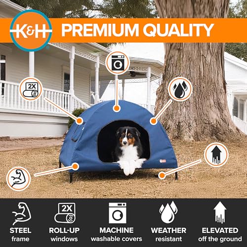 K&H Pet Products Pet Cot House for Large Dogs, Outdoor Elevated Dog Cot House, Enclosed Canopy, Window Flaps for Air Flow, Washable Cover, Raised Metal Frame, Collapsible - Large 42 X 30in Blue - size: Large 30 X 42 X 32 Inches