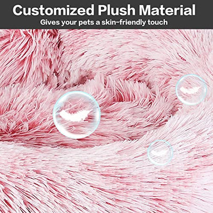 NOYAL Calming Donut Dog Bed for Small to Medium Dogs & Cats - Plush Faux Fur Anti-Anxiety Pet Bed with Machine Washable Cover & Non-Slip Base - color: Gradient Pink, size: Large 27.5''