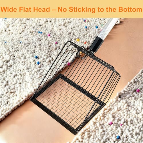 Cat Litter Scoop with Extendable Long Handle, 22.2"-42.5" No Bending Back Metal Kitty Litter Scoop, Large Non-Stick Wide Flat Head Heavy Duty Cat Pooper Scooper