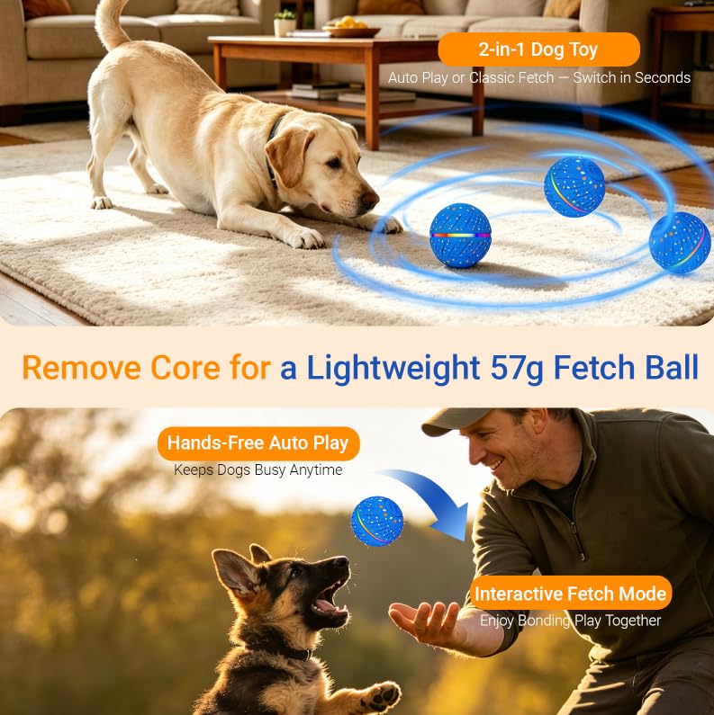 Interactive Dog Ball Toy for Small Medium Dogs – Automatic Rolling, Bouncing & Moving Dog Toy with LED Lights, 2-in-1 Fetch Toy, Durable E-TPU, USB Rechargeable (2.8” Blue) - color: Blue, size: Medium (2.8" / 70mm) – 019