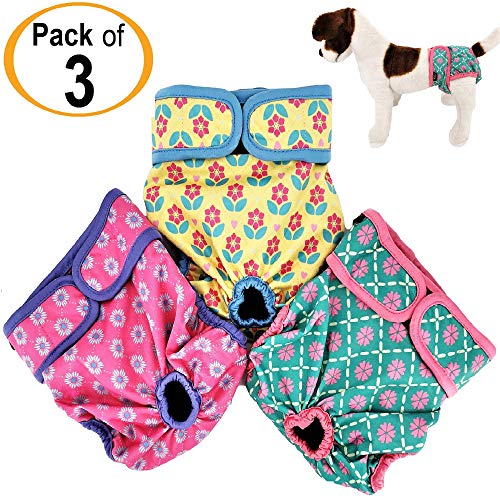 Pack of 3 Female Dog Diapers with 4 - Layers of Absorbent Pads Cat Panties Waterproof Leak Proof Washable (XS: Waist 8" - 12", Neon Pattern) - color: Pack of 3 Neon Pattern, size: XS: Waist 8" - 12"