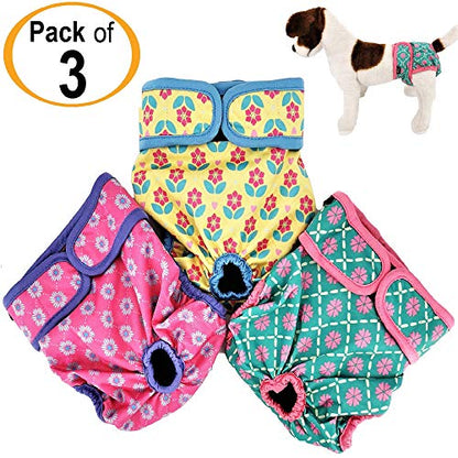 Pack of 3 Female Dog Diapers with 4 - Layers of Absorbent Pads Cat Panties Waterproof Leak Proof Washable (S: Waist 12" - 16", Neon Pattern) - color: Pack of 3 Neon Pattern, size: S: Waist 12" - 16"