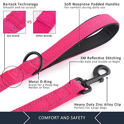 Plutus Pet Double Handle Dog Leash 6ft Long, Padded 2 Handle, Heavy Duty, Reflective Training Leash for Medium Large Dogs, Dual Handle Lead (Pink) - color: Pink, size: 6 FT