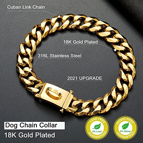 Gold Dog Chain Collar Walking Metal Chain Collar with Design Secure Buckle,18K Cuban Link Strong Heavy Duty Chew Proof for Large Dogs(19MM, 20") - size: 20 Inch (Pack of 1)