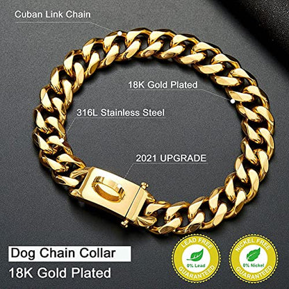 Gold Dog Chain Collar Walking Metal Chain Collar with Design Secure Buckle,18K Cuban Link Strong Heavy Duty Chew Proof for Medium Dogs(19MM, 18") - size: 18 Inch (Pack of 1)