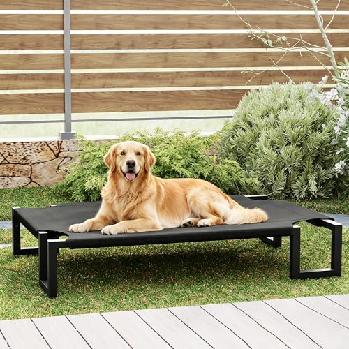 Elevated Dog Bed,Raised Outdoor Dog Bed for Large Sized Dogs,Portable Cooling Dog Cot with Washable Breathable Teslin Mesh,Waterproof Pet Bed for Indoor,Durable,No-Slip Feet,Black 110×76×21cm - size: L 110L×76W×20H cm