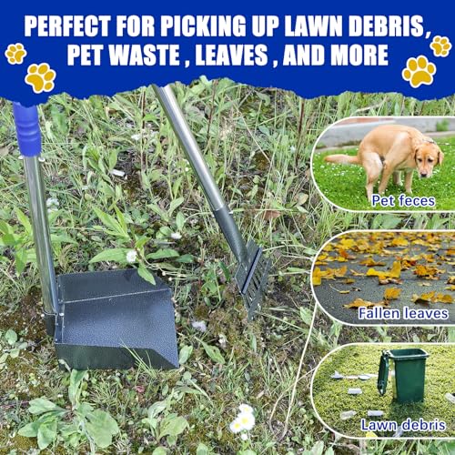 Pooper Scooper Metal Scooper Tray and Rake Set with 3 Stainless Steel Long Handle Removable Dog Pooper Scooper Multifunctional Poop Scoop Set for Pet Waste Removal on Grass and Gravel