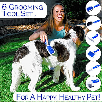 6 In 1 Premium Dog Brush Set - Dog Grooming Brushes - Ball Pin & Bristle Brush, Curved Blade Dematting Comb, Slicker Brush, Deshedding Edge Comb, Detangling Pet Comb