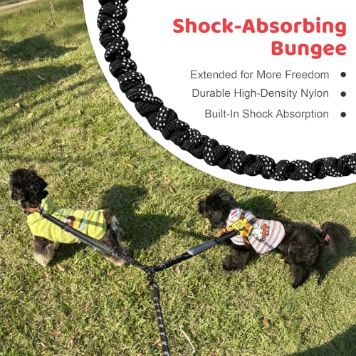 Double Dog Leash - No Tangle Splitter for Two Dogs, Coupler with Adjustable Long Lead Rope, Dual Control Handles, Retractable No Pull Bungee, Walk Train Small Medium Large 2 Pets (Red) - color: Red