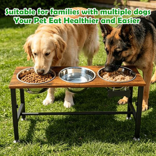 SHAINFUN Adjustable Height Elevated Dog Bowl Stand for Large & Extra Large Dogs – Wooden Raised Dog Bowls with Three 101oz Stainless Steel Bowls & Mat, Stainless Steel Food & Water Station - color: Brown-3L-Three