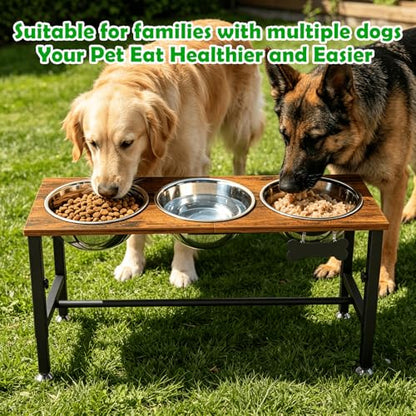 SHAINFUN Adjustable Height Elevated Dog Bowl Stand for Large & Extra Large Dogs – Wooden Raised Dog Bowls with Three 101oz Stainless Steel Bowls & Mat, Stainless Steel Food & Water Station - color: Brown-3L-Three