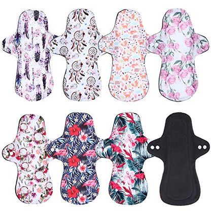 7pcs Pack Reusable Washable Cloth Incontinence Pads Including 6pcs Heavy Flow Bamboo Charcoal Reusable Menstrual Pads Cloth Mama Sanitary Pad + 1pc Mini Wet Bag - color: 7 Pieces Set A3, size: Heavy Flow Bamboo Charcoal