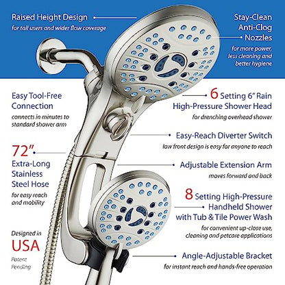 Hotel Spa AquaCare As-Seen-On-TV High Pressure Handheld/Rain 50-mode 3-way Shower Head Combo with Adjustable Arm - Anti-clog Nozzles, Tub & Pet Power Wash, 6 ft. Stainless Steel Hose, Nickel Finish - color: Satin Nickel, style: 2.5 Gallons Per Minute