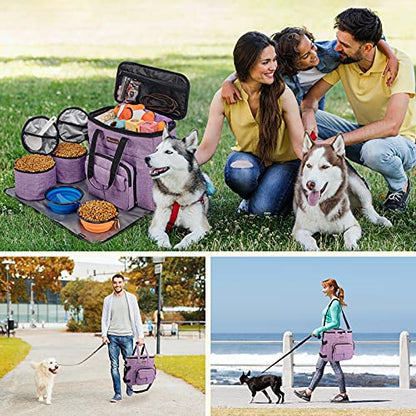 Modoker Dog Travel Organizer Carriers for Supplies & Accessories, Airline Approved Cat Pet Travel Bag, 2 Collapsible Bowls, 2 Travel Dog Food Container, Purple - color: Soft Purple