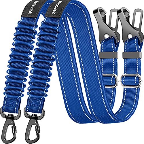 URPOWER 3-in-1 Dog Seat Belt for Car, 2 Pack Adjustable Bungee Dog Car Harness with Seatbelt Buckle & Latch Hook, Reflective & 360° Swivel Heavy Duty Pet Safety Belts for Dogs and Cats - color: Blue