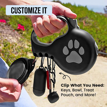 Retractable Dog Leash for Large & Extra Large Dogs (Up to 110lbs) - Customizable, Patented, Reflective Design, Ergonomic Handle, Includes Hooks & Poop Bag Holder & Dispenser - Black - color: Black, size: L/XL - Up to 110 Lbs