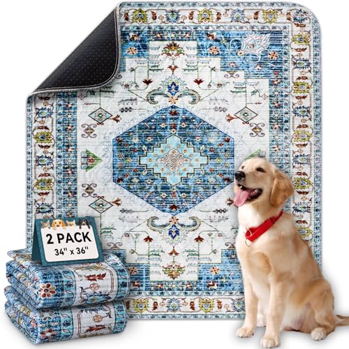 Washable Pee Pads for Dogs, Stylish Absorbent Reusable Training Dog Pads, Non-Slip and Leak-Proof Puppy Pads, Potty Pads for Crates, Whelping, Playpen, Bed and Floors, Blue Medallion 2 Pack 34" x36" - color: Blue Medallion, size: 34" x 36" 2PACK