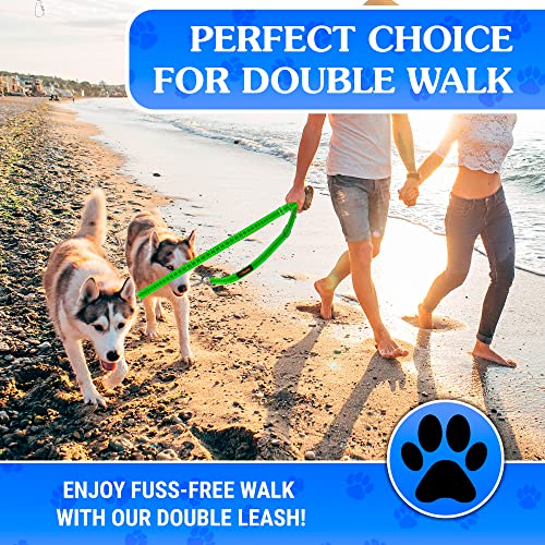 Dog Leash – Dual Reflective with Non-Tangle Design – Heavy Duty Nylon and Metal Buckles – Ideal (Green, 2 Dog Leash) - color: Green