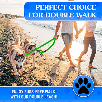 Dog Leash – Dual Reflective with Non-Tangle Design – Heavy Duty Nylon and Metal Buckles – Ideal (Green, 2 Dog Leash) - color: Green