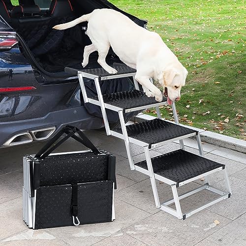 Uross Dog Stairs for Car 4 Steps Suitable for Car Trunk Heights 23"-26"- Collapsible Dog Steps for Car and SUV, Aluminum Pets Stairs for Large Pets, Telescoping Pet Step Ladder for Truck, High Bed - size: 4 Steps (Suitable for Car & Small SUV)
