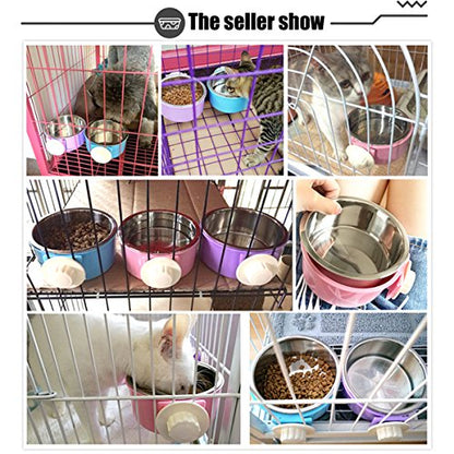 Crate Dog Bowl Removable Stainless Steel Water Food Feeder Bowls Cage Coop Cup for Cat Puppy Bird Pets (Large, Pink) - color: Pink, size: Large
